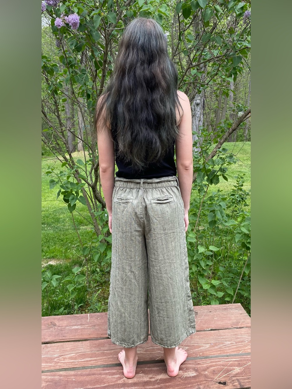 Anthropologie Capris. Olive With Black Pinstripe Wide Leg Linen Blend Size XS - Picture 3 of 15